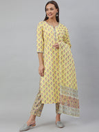Janasya Women's Yellow Cotton Floral Print Kurta With Pant And Dupatta | Grocsy