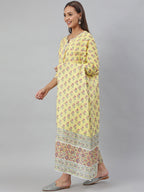 Janasya Women's Yellow Cotton Floral Print Kurta With Pant And Dupatta | Grocsy