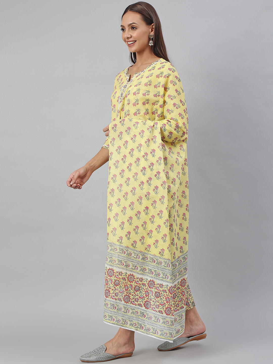 Janasya Women's Yellow Cotton Floral Print Kurta With Pant And Dupatta | Grocsy