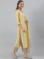 Janasya Women's Yellow Cotton Floral Print Kurta With Pant And Dupatta | Grocsy