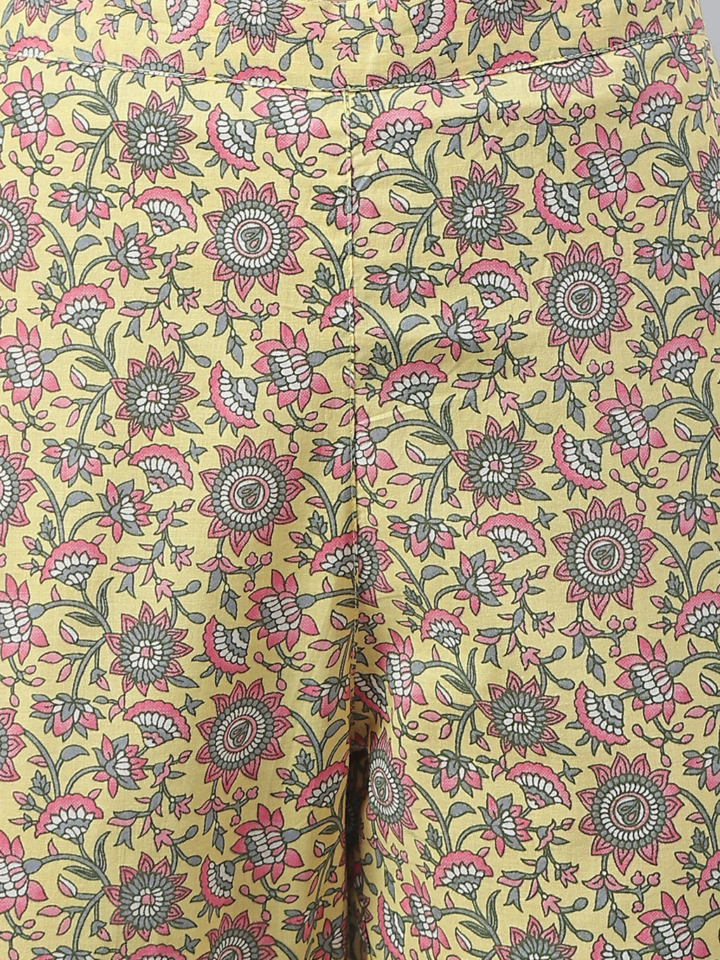 Janasya Women's Yellow Cotton Floral Print Kurta With Pant And Dupatta | Grocsy