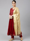 Janasya Women's Maroon Velvet Solid Kurta With Pant And Dupatta | Grocsy