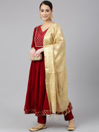 Janasya Women's Maroon Velvet Solid Kurta With Pant And Dupatta | Grocsy