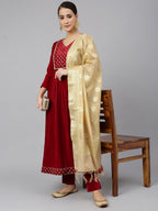 Janasya Women's Maroon Velvet Solid Kurta With Pant And Dupatta | Grocsy