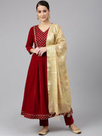 Janasya Women's Maroon Velvet Solid Kurta With Pant And Dupatta | Grocsy