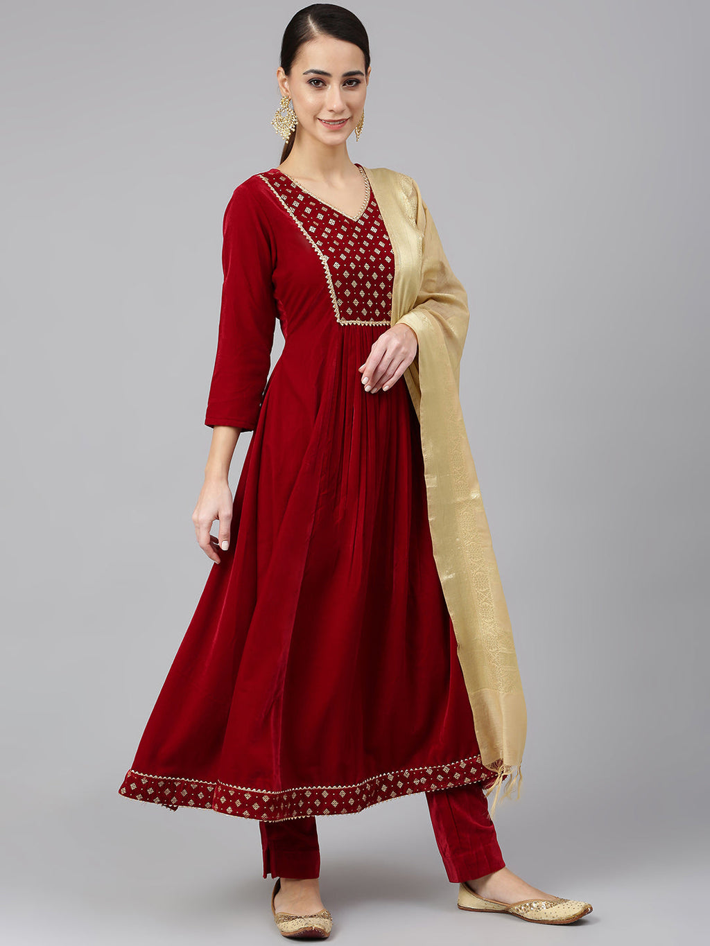 Janasya Women's Maroon Velvet Solid Kurta With Pant And Dupatta | Grocsy