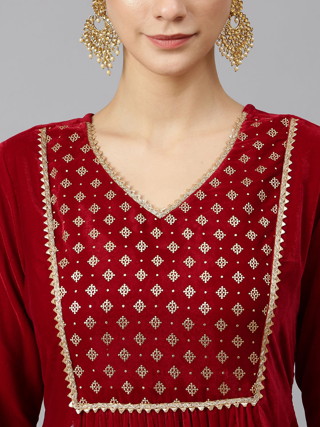 Janasya Women's Maroon Velvet Solid Kurta With Pant And Dupatta | Grocsy