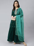 Janasya Women's Dark Green Velvet Floral Embroidery Kurta With Flared Palazzo And Dupatta | Grocsy