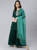 Janasya Women's Dark Green Velvet Floral Embroidery Kurta With Flared Palazzo And Dupatta | Grocsy