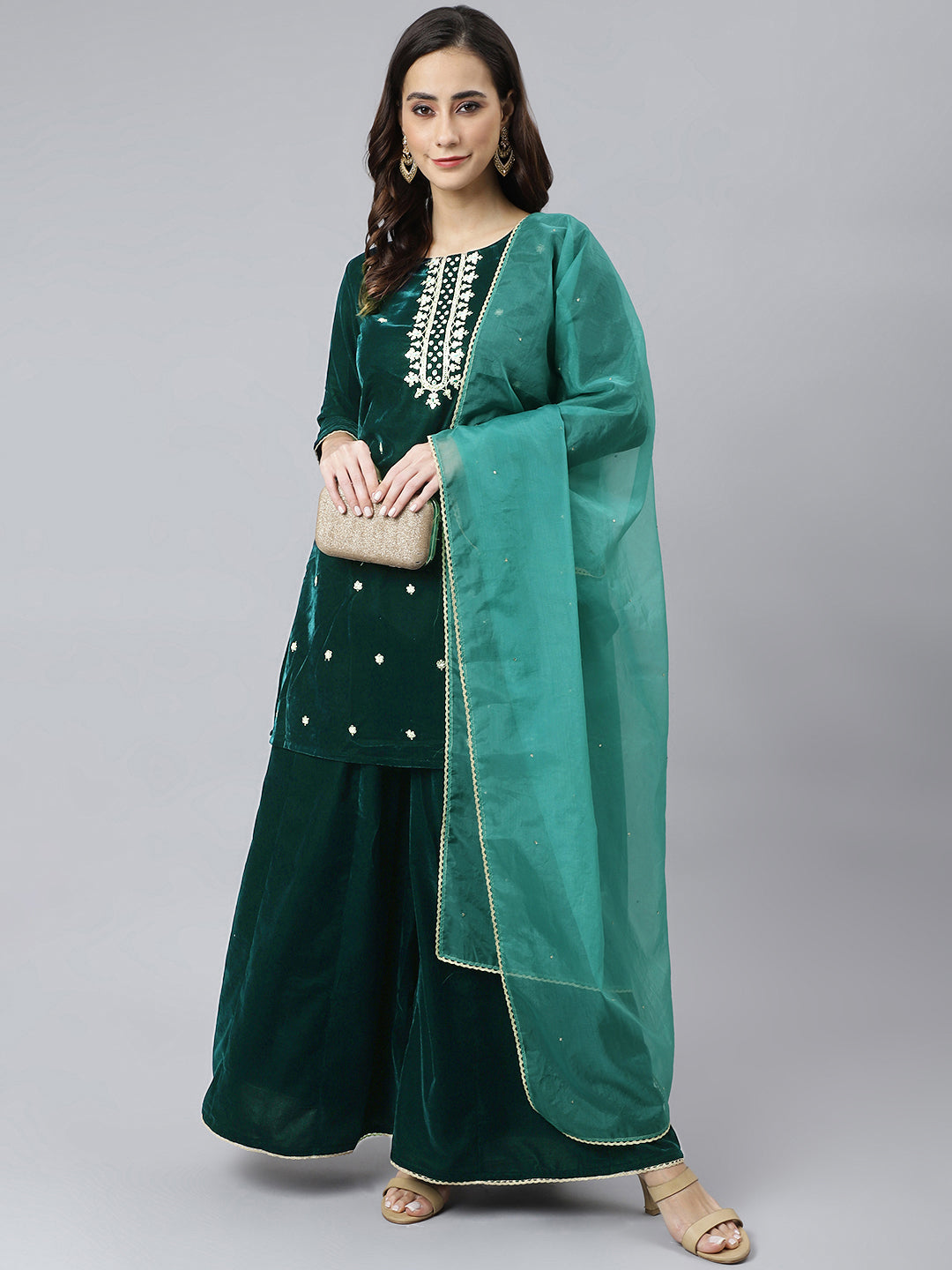 Janasya Women's Dark Green Velvet Floral Embroidery Kurta With Flared Palazzo And Dupatta | Grocsy