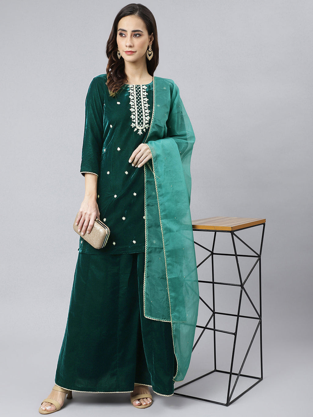 Janasya Women's Dark Green Velvet Floral Embroidery Kurta With Flared Palazzo And Dupatta | Grocsy