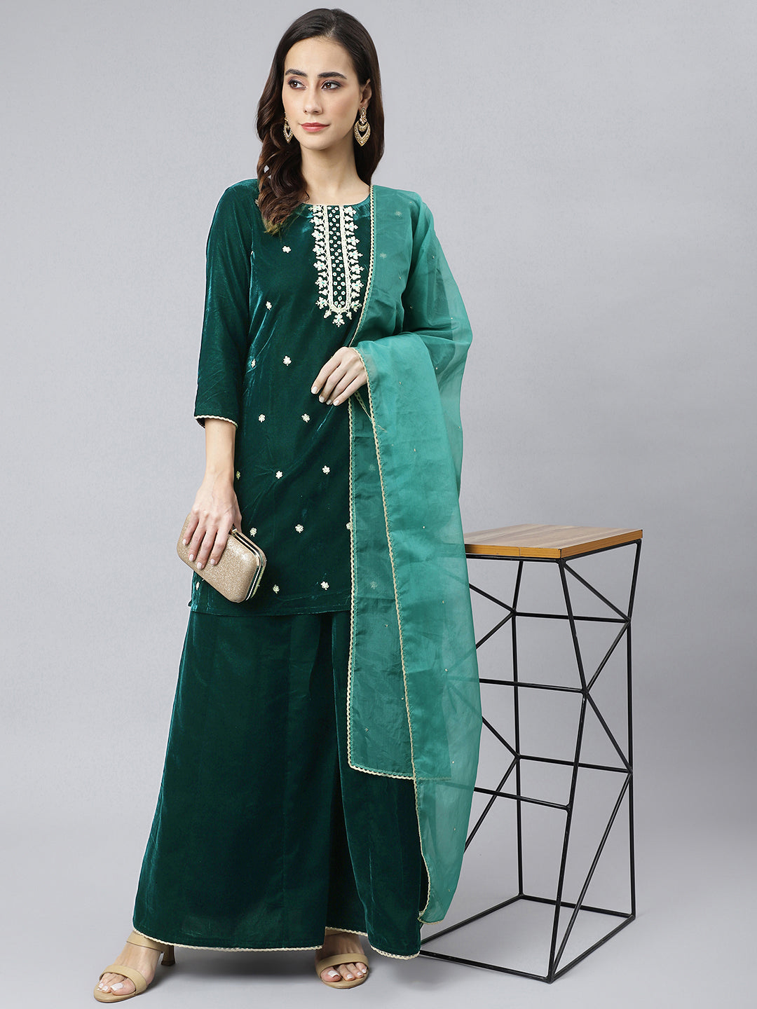Janasya Women's Dark Green Velvet Floral Embroidery Kurta With Flared Palazzo And Dupatta | Grocsy