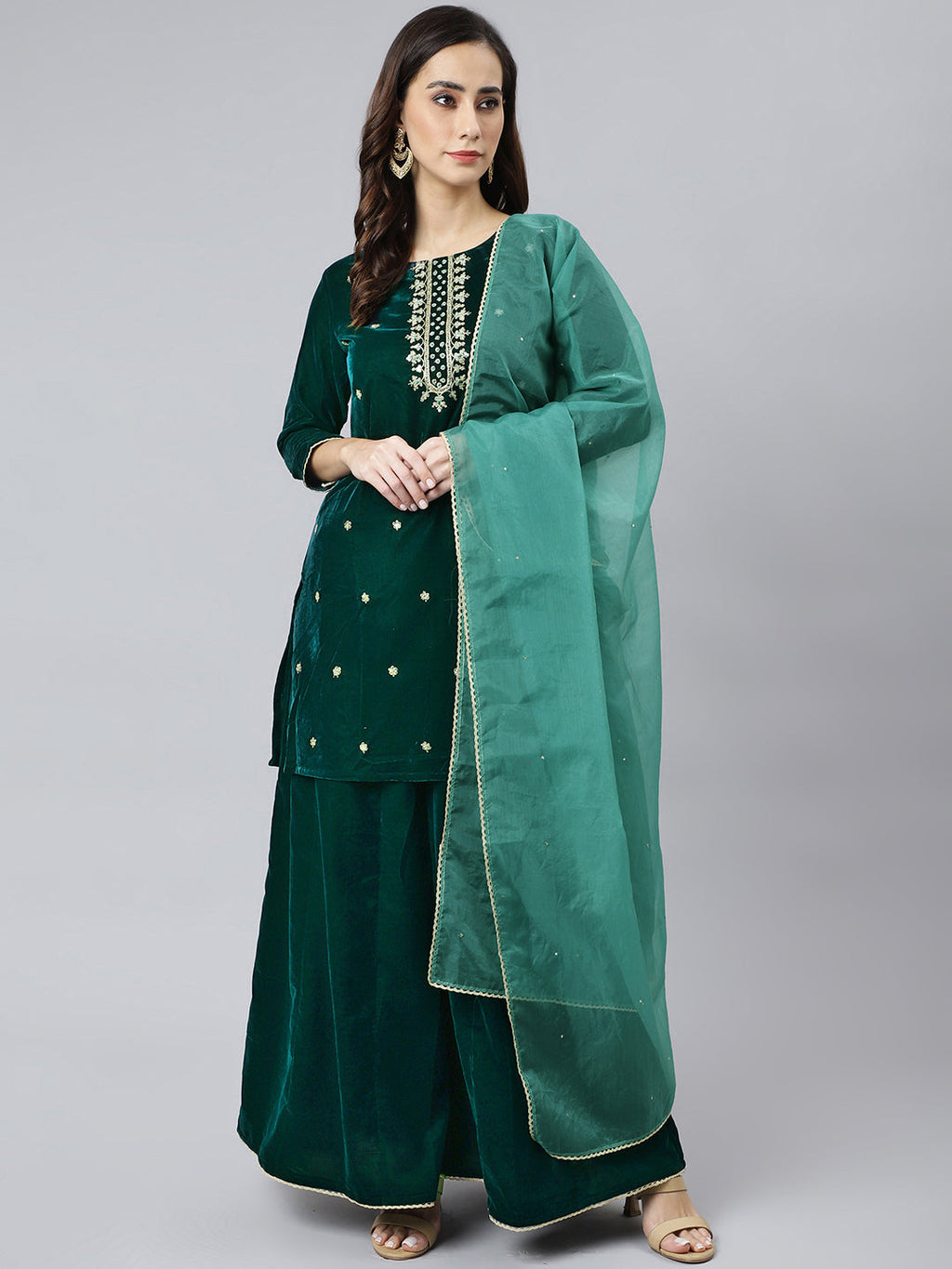 Janasya Women's Dark Green Velvet Floral Embroidery Kurta With Flared Palazzo And Dupatta | Grocsy