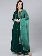 Janasya Women's Dark Green Velvet Floral Embroidery Kurta With Flared Palazzo And Dupatta | Grocsy