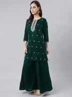 Janasya Women's Dark Green Velvet Floral Embroidery Kurta With Flared Palazzo And Dupatta | Grocsy