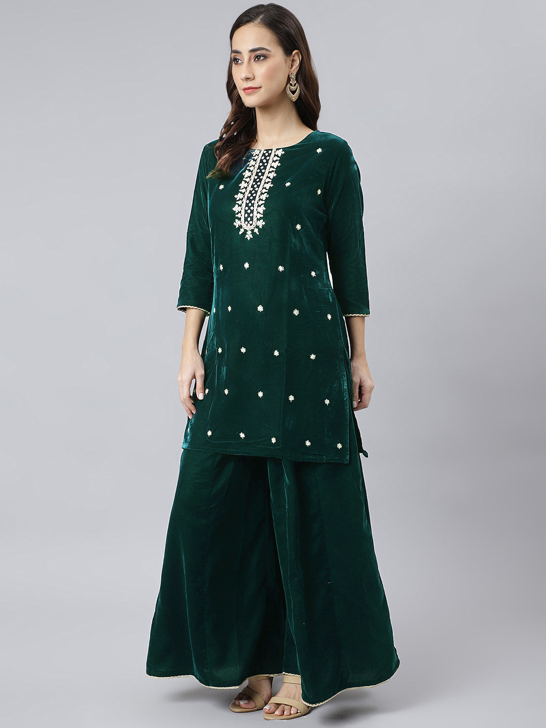 Janasya Women's Dark Green Velvet Floral Embroidery Kurta With Flared Palazzo And Dupatta | Grocsy