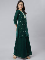 Janasya Women's Dark Green Velvet Floral Embroidery Kurta With Flared Palazzo And Dupatta | Grocsy