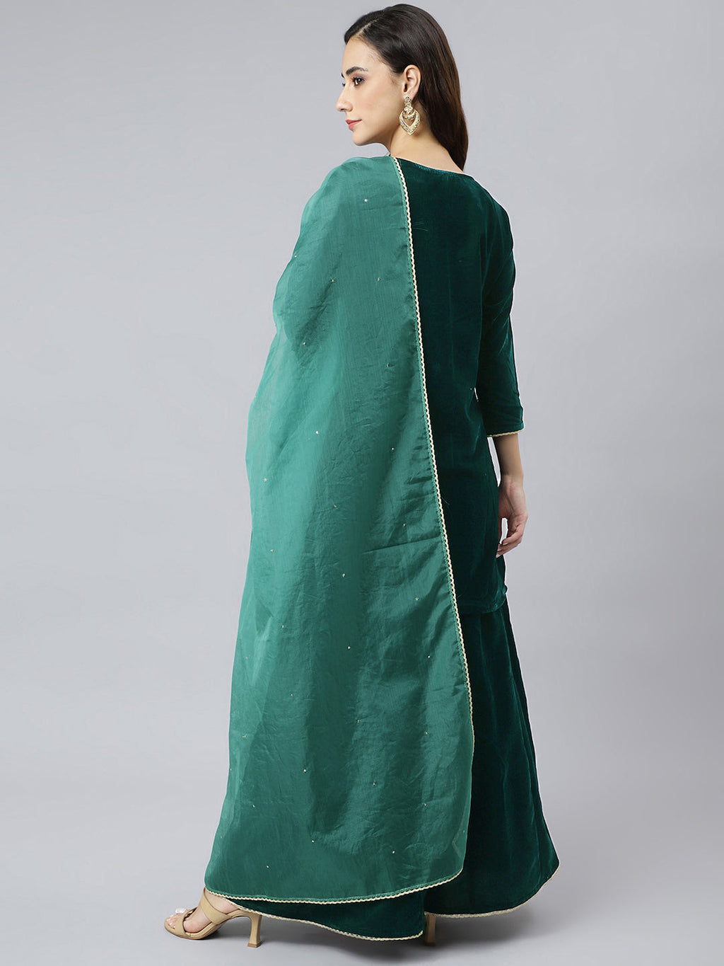 Janasya Women's Dark Green Velvet Floral Embroidery Kurta With Flared Palazzo And Dupatta | Grocsy