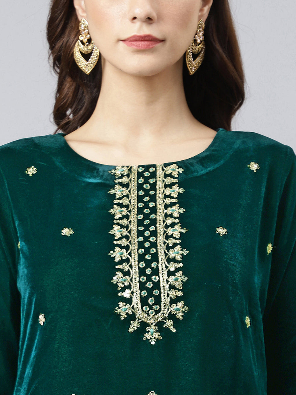 Janasya Women's Dark Green Velvet Floral Embroidery Kurta With Flared Palazzo And Dupatta | Grocsy