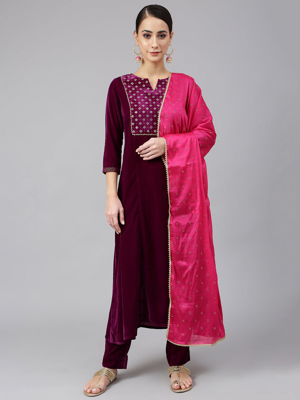 Janasya Women's Purple Velvet Solid Kurta With Pant And Dupatta | Grocsy