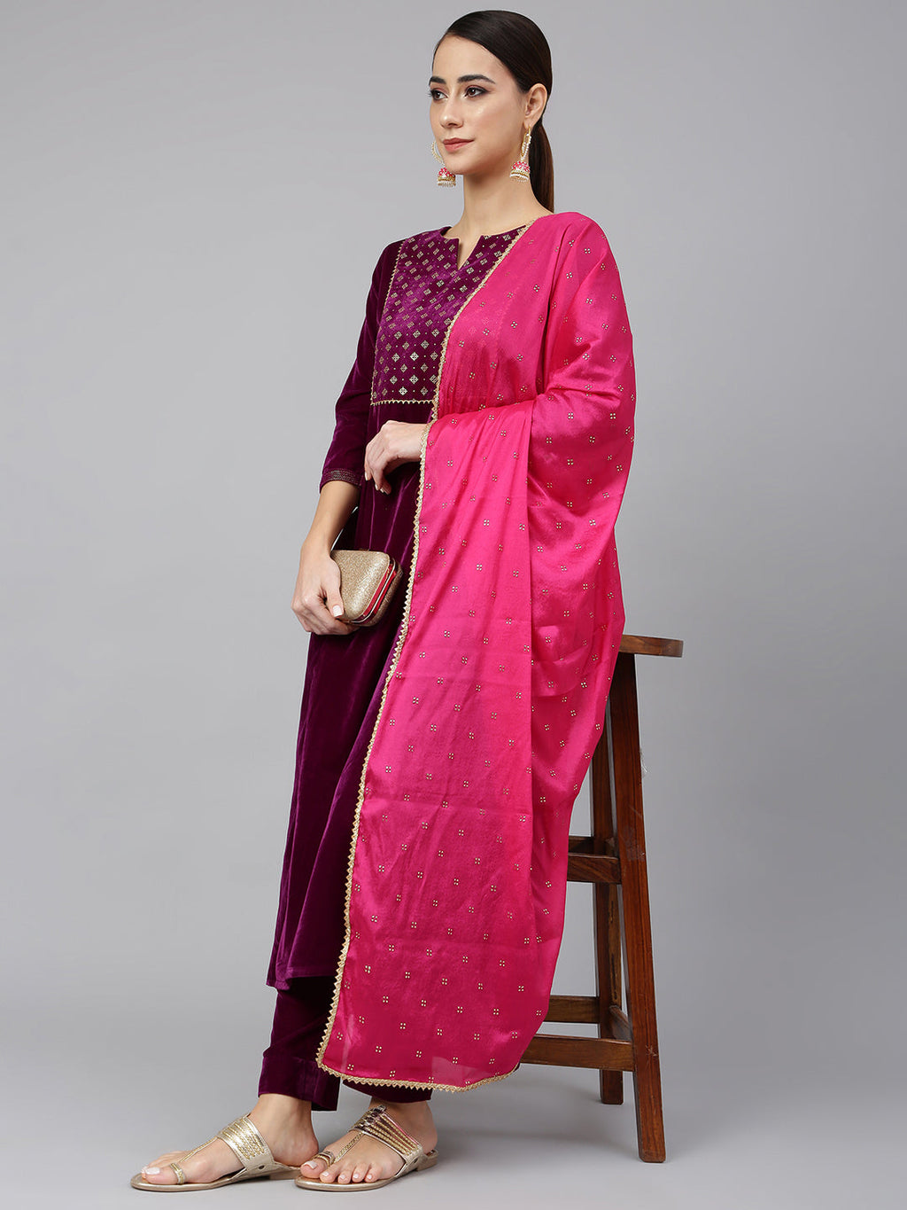Janasya Women's Purple Velvet Solid Kurta With Pant And Dupatta | Grocsy