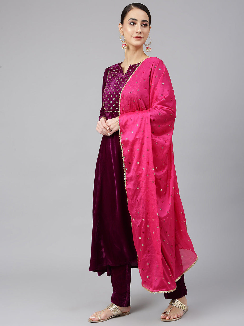 Janasya Women's Purple Velvet Solid Kurta With Pant And Dupatta | Grocsy