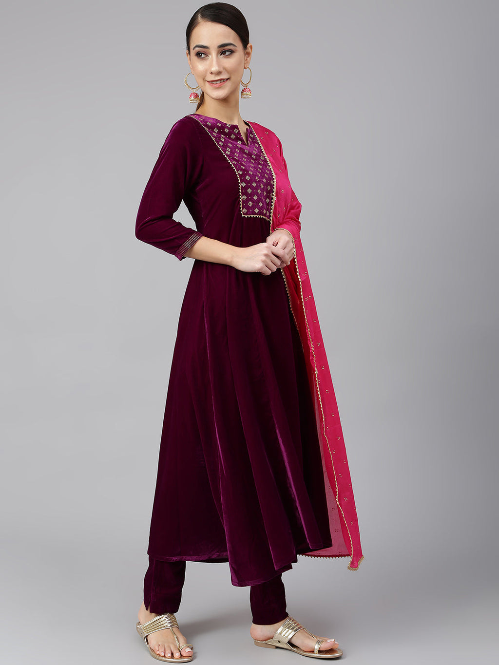 Janasya Women's Purple Velvet Solid Kurta With Pant And Dupatta | Grocsy