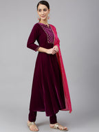 Janasya Women's Purple Velvet Solid Kurta With Pant And Dupatta | Grocsy