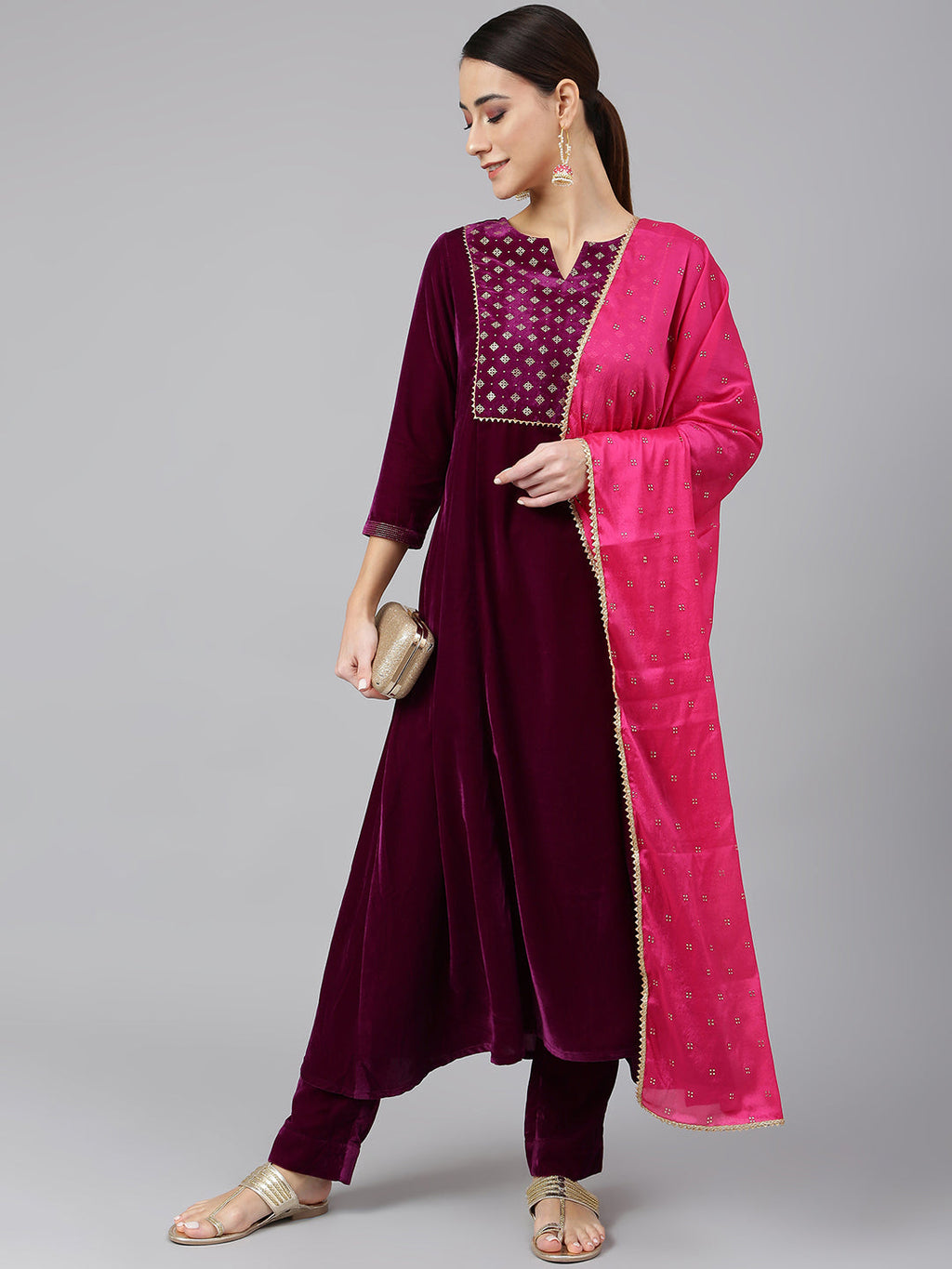 Janasya Women's Purple Velvet Solid Kurta With Pant And Dupatta | Grocsy