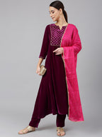 Janasya Women's Purple Velvet Solid Kurta With Pant And Dupatta | Grocsy