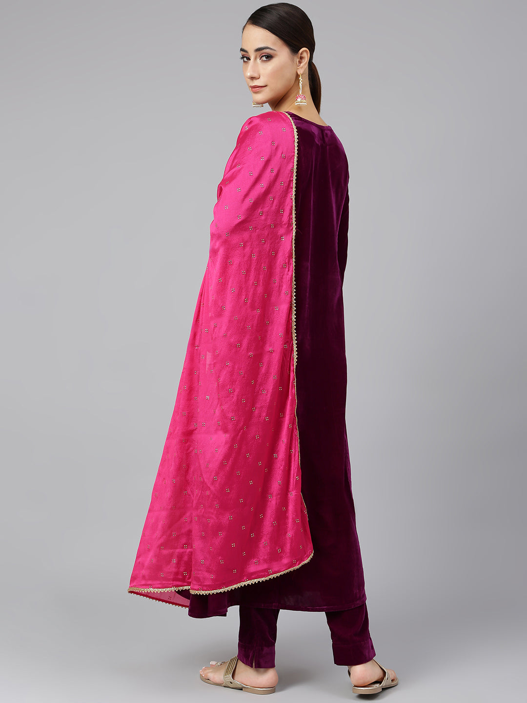 Janasya Women's Purple Velvet Solid Kurta With Pant And Dupatta | Grocsy