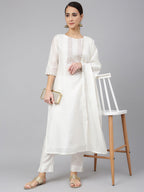 Janasya Women's White Poly Silk Solid Kurta With Pant And Dupatta | Grocsy