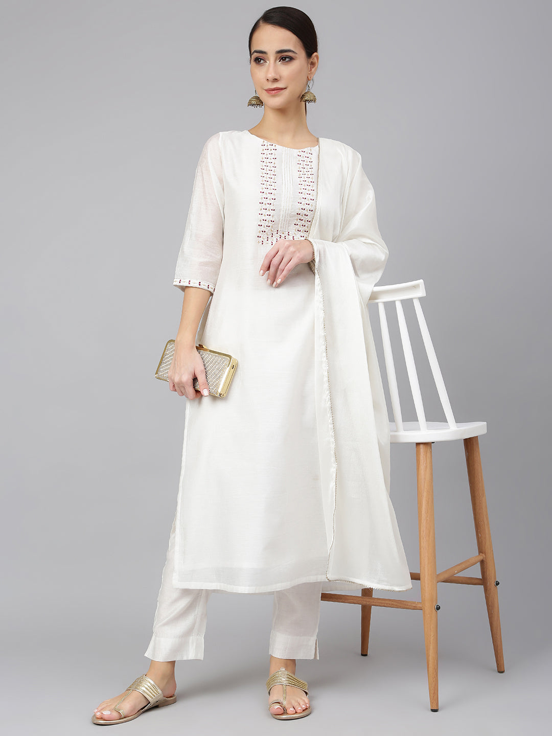 Janasya Women's White Poly Silk Solid Kurta With Pant And Dupatta | Grocsy