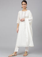 Janasya Women's White Poly Silk Solid Kurta With Pant And Dupatta | Grocsy