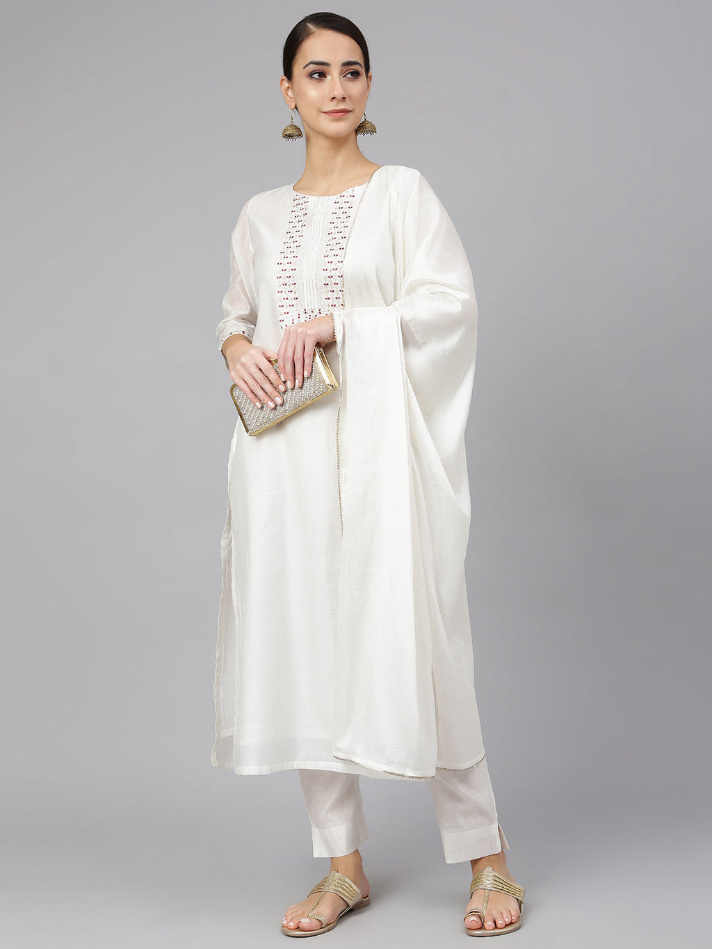 Janasya Women's White Poly Silk Solid Kurta With Pant And Dupatta | Grocsy