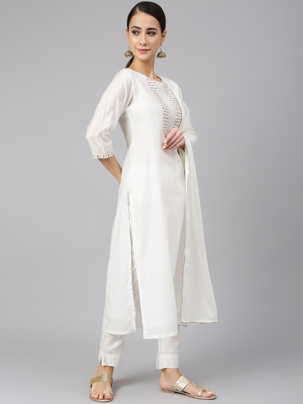 Janasya Women's White Poly Silk Solid Kurta With Pant And Dupatta | Grocsy