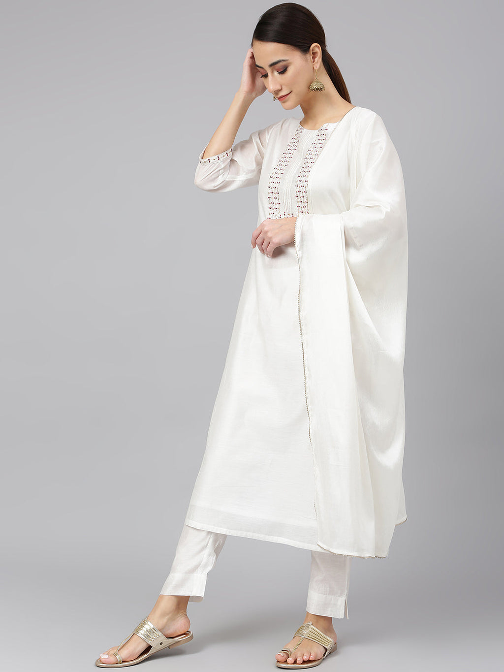 Janasya Women's White Poly Silk Solid Kurta With Pant And Dupatta | Grocsy