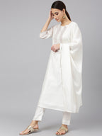 Janasya Women's White Poly Silk Solid Kurta With Pant And Dupatta | Grocsy
