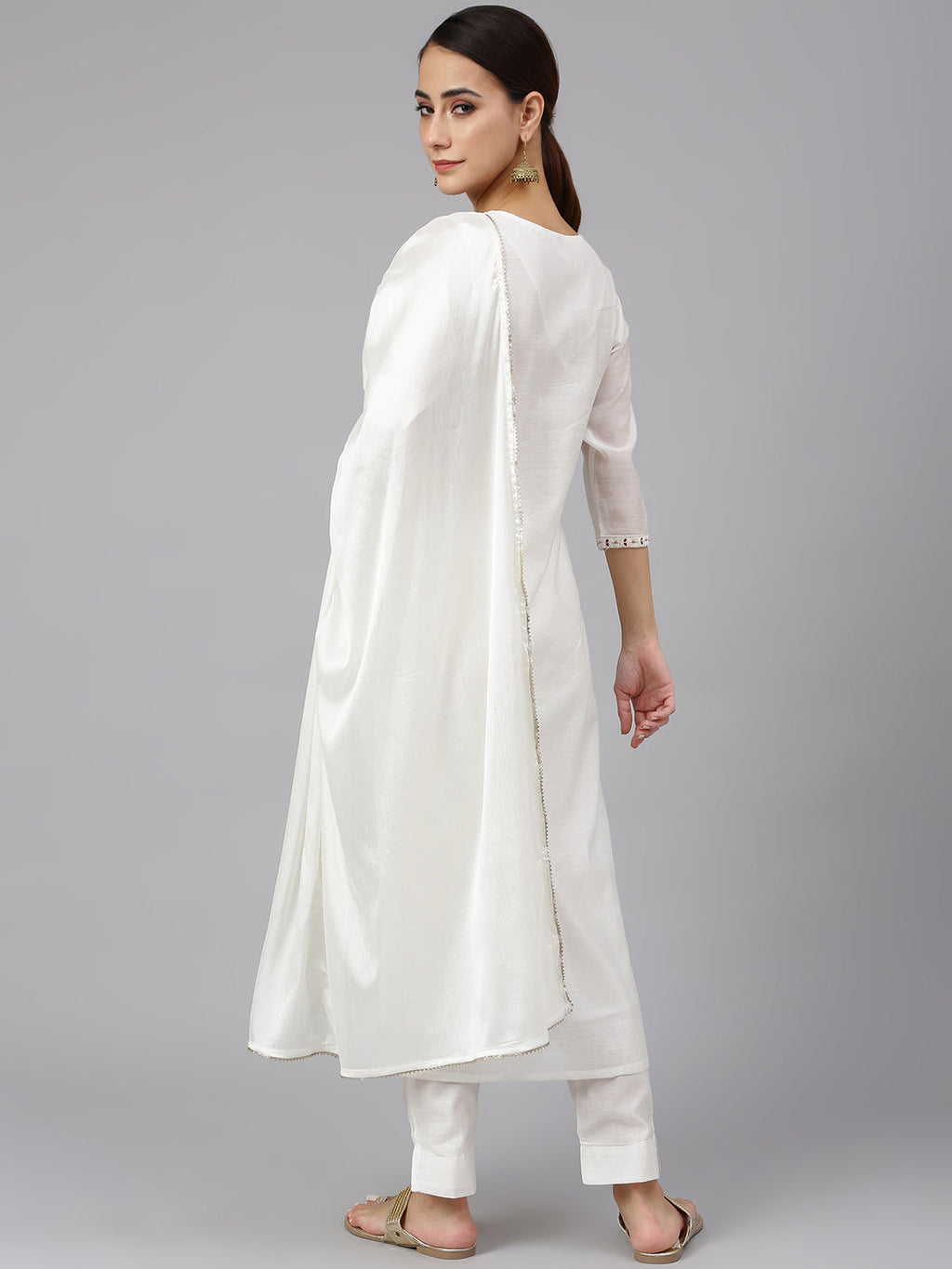 Janasya Women's White Poly Silk Solid Kurta With Pant And Dupatta | Grocsy