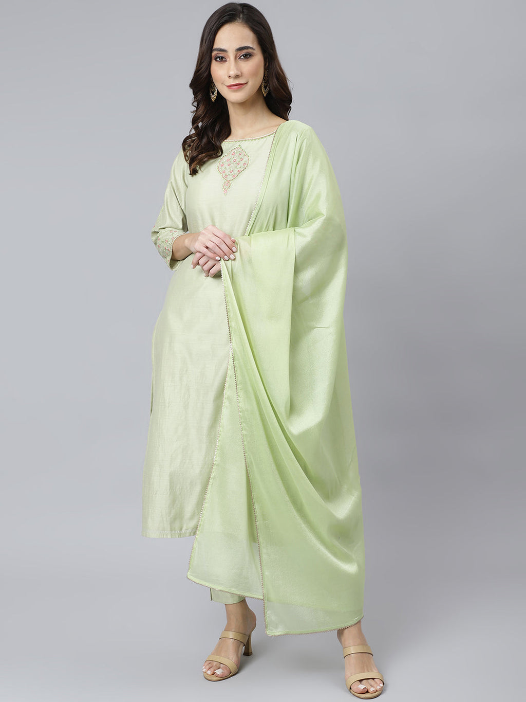 Janasya Women's Sea Green Poly Silk Solid Kurta With Pant And Dupatta | Grocsy