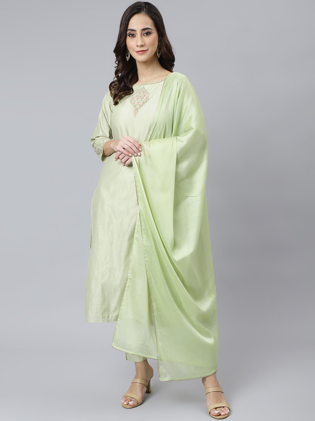 Janasya Women's Sea Green Poly Silk Solid Kurta With Pant And Dupatta | Grocsy