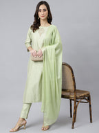 Janasya Women's Sea Green Poly Silk Solid Kurta With Pant And Dupatta | Grocsy