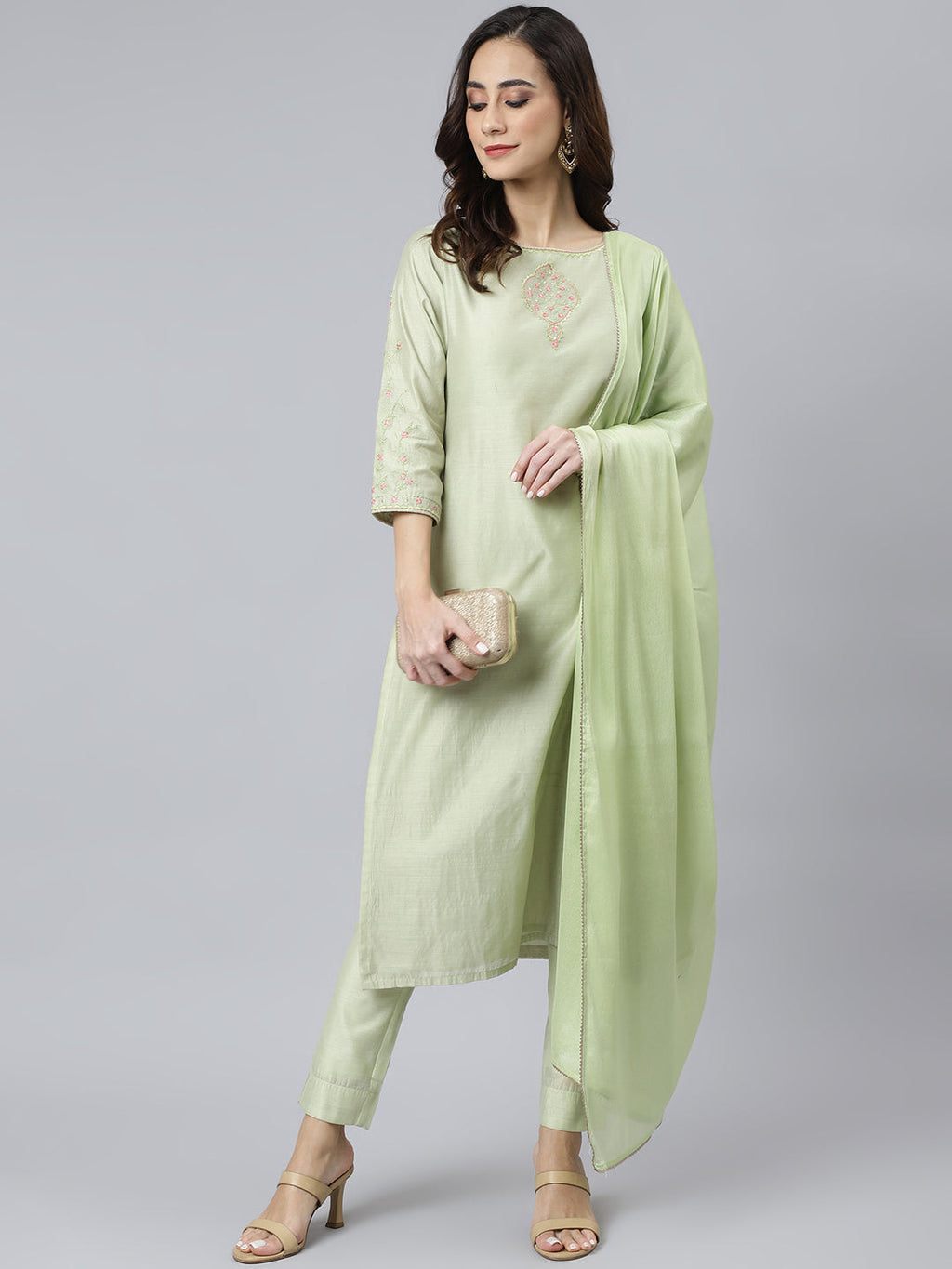 Janasya Women's Sea Green Poly Silk Solid Kurta With Pant And Dupatta | Grocsy