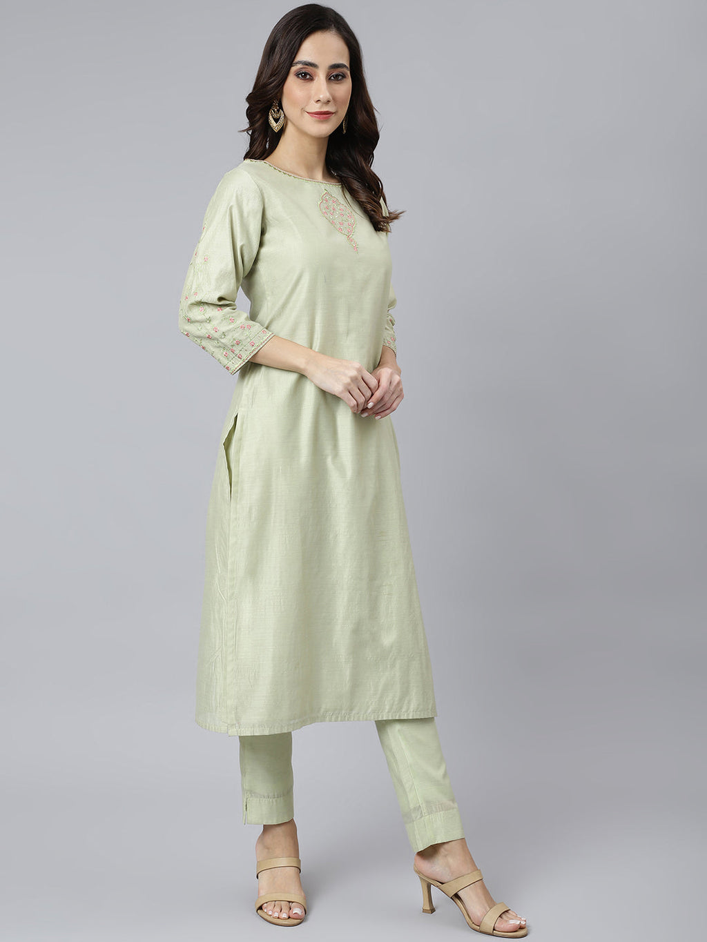 Janasya Women's Sea Green Poly Silk Solid Kurta With Pant And Dupatta | Grocsy