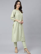Janasya Women's Sea Green Poly Silk Solid Kurta With Pant And Dupatta | Grocsy