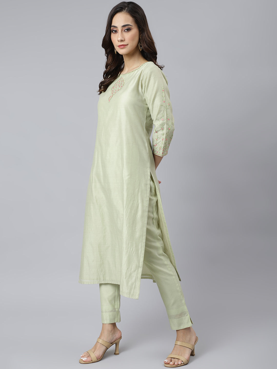 Janasya Women's Sea Green Poly Silk Solid Kurta With Pant And Dupatta | Grocsy
