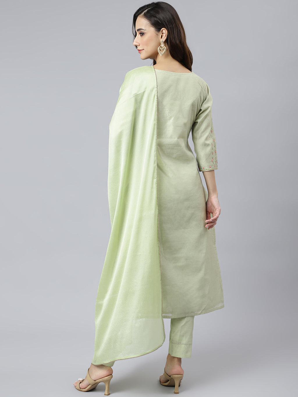 Janasya Women's Sea Green Poly Silk Solid Kurta With Pant And Dupatta | Grocsy