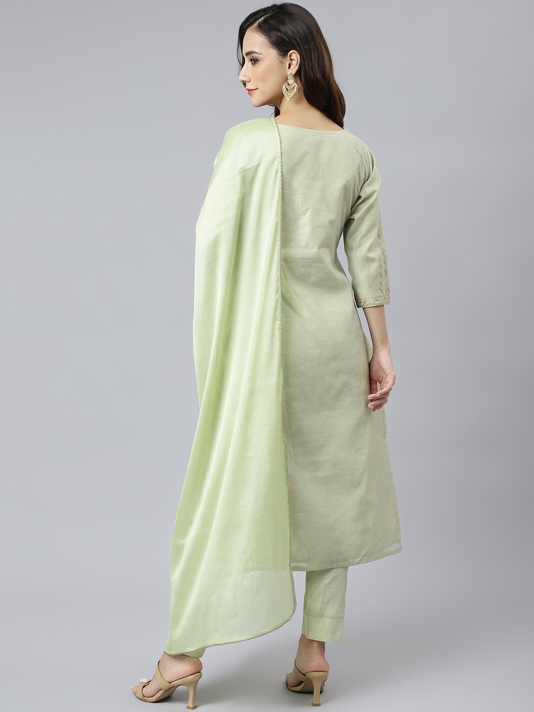 Janasya Women's Sea Green Poly Silk Solid Kurta With Pant And Dupatta | Grocsy