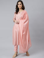 Janasya Women's Baby Pink Poly Silk Solid Kurta With Pant And Dupatta | Grocsy