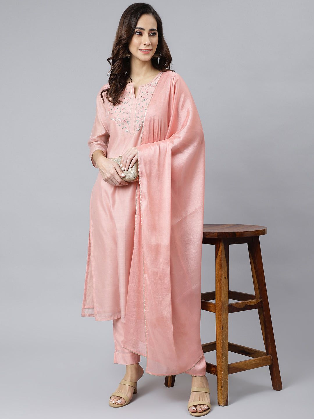 Janasya Women's Baby Pink Poly Silk Solid Kurta With Pant And Dupatta | Grocsy